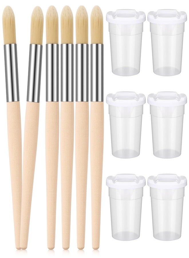 Sinload 6 Set Watercolor Paint Brushes and Paint Cups with Lids for Kid Toddler Baby Jumbo Brushes with Chubby Wood Handles Easy to Grip Paintbrushes Non Toxic Vegan Bristles for Craft Painting Art - Image 1
